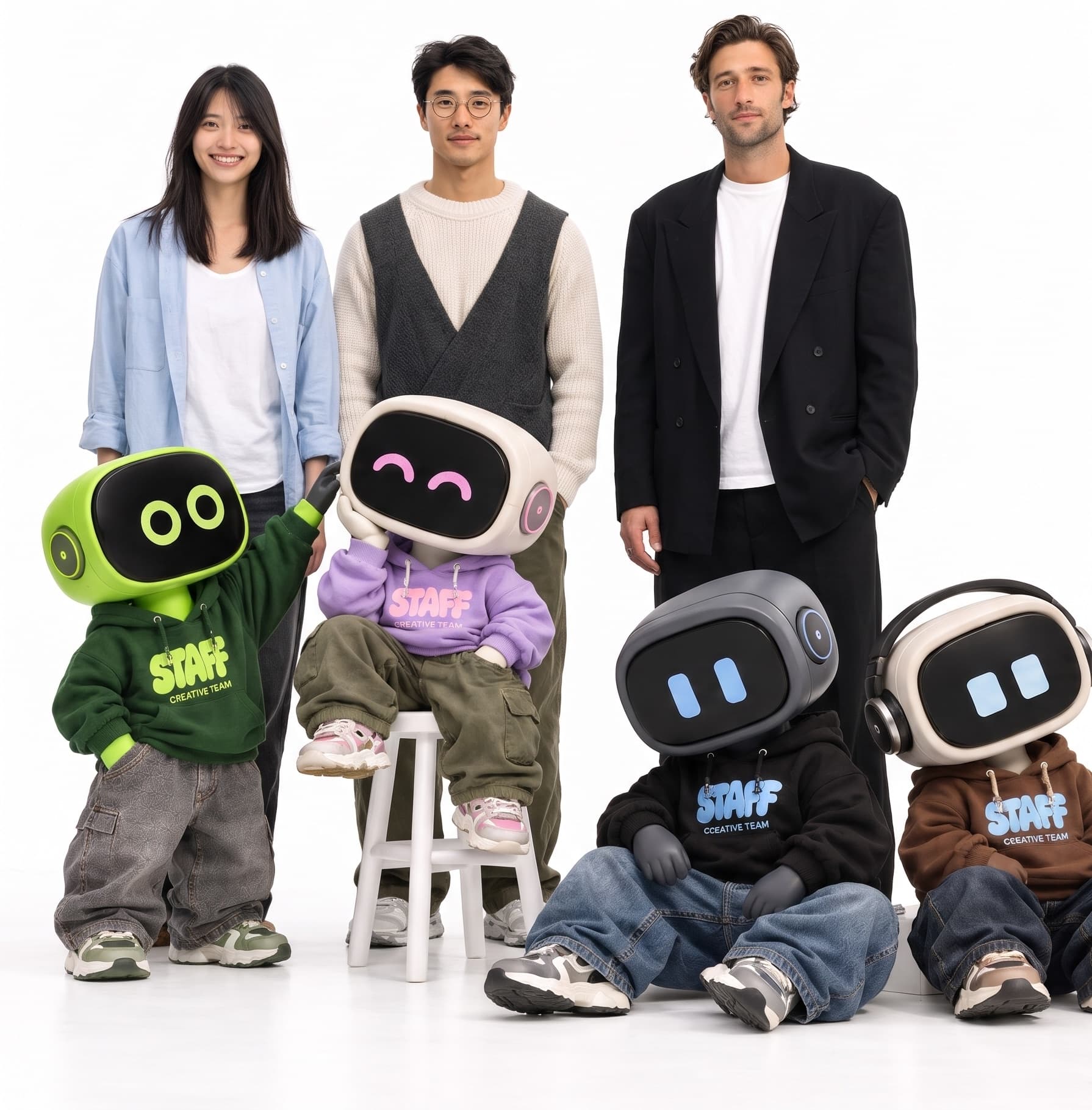The STAFF AI crew: people and robots in matching STAFF streetwear in a white studio